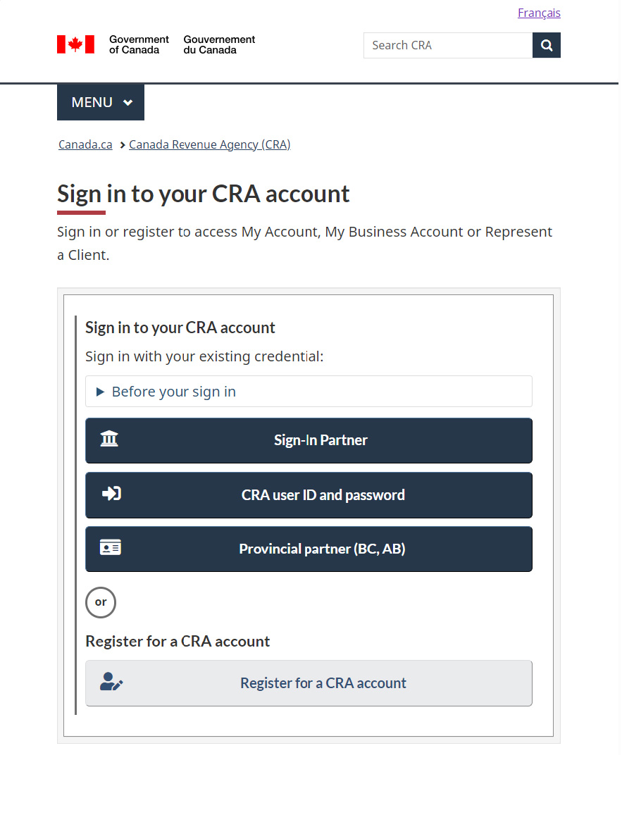 Public CRA screenshot of the unified CRA account sign-in page, published in January 2025.