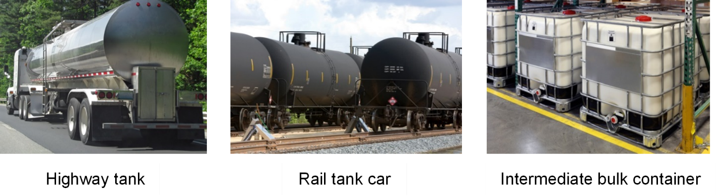 Transport Canada photos of a highway tank, a rail tank car and a large bulk container, illustrating dangerous-goods transportation.